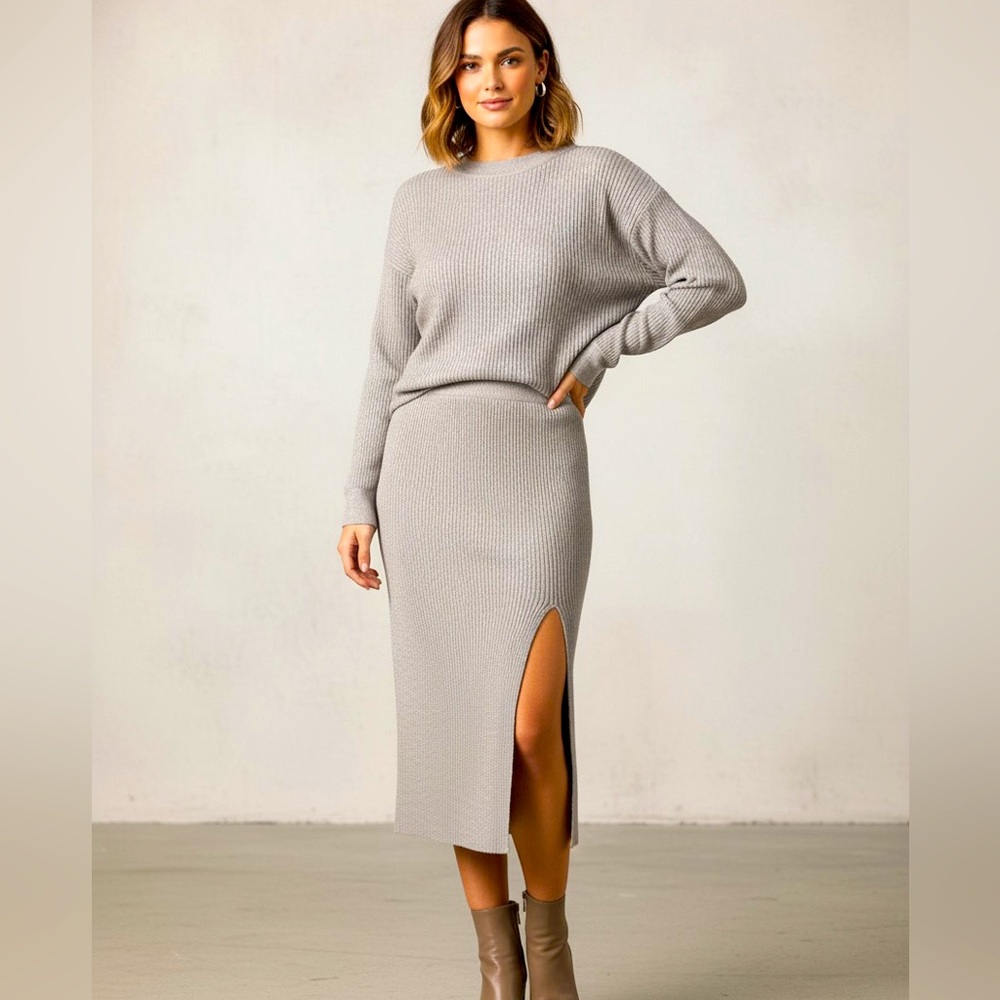 Cyrus Oatmeal Color Ribbed Knit Midi Skirt Side Slit Stretchy Comfy NWOT Sz S
